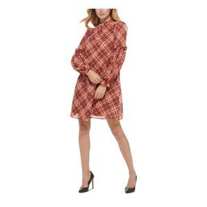 TOMMY HILFIGER Womens Beige Lined Back Pullover Plaid Long Sleeve Shift Dress 2